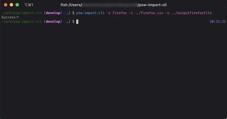 Type psw-import-cli -r Firefox -i ../Firefox.csv -o ../outputFirefoxFile.