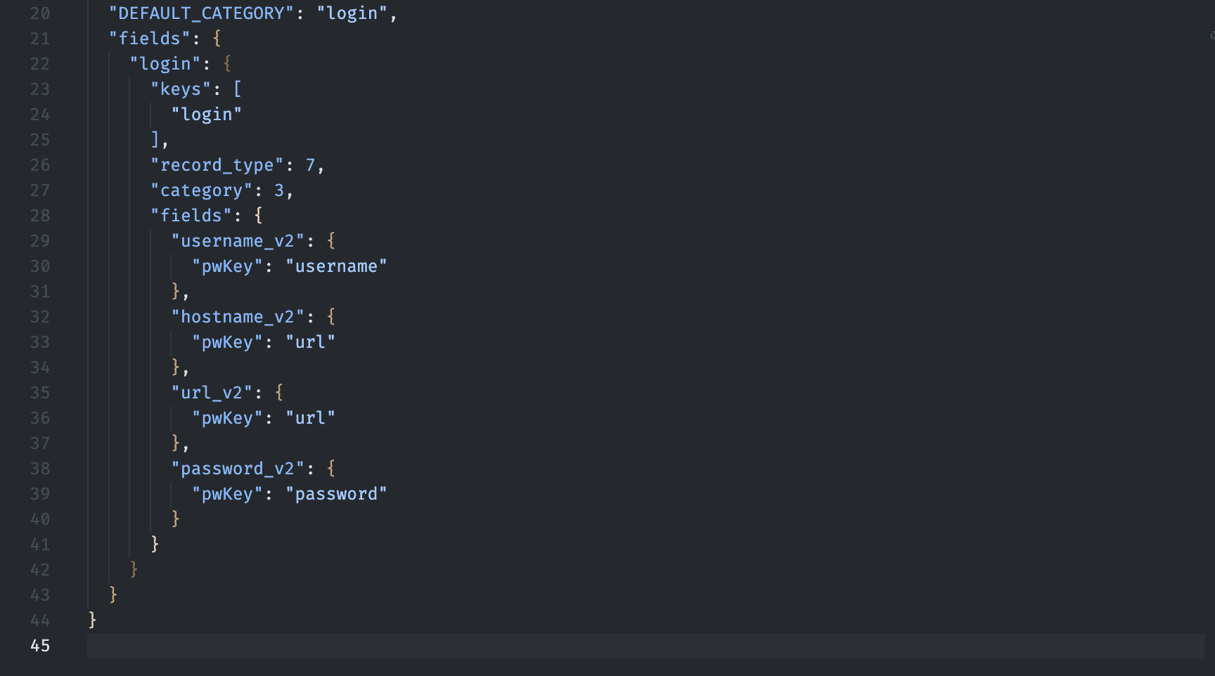 Find matching lines for columns and make changes. For example: Replace line 30 - "pwKey": "username_v2", line 33 - "pwKey": "url_v2", line 36 - "pwKey": "url_v2", line 39 - "pwKey": "password_v2".