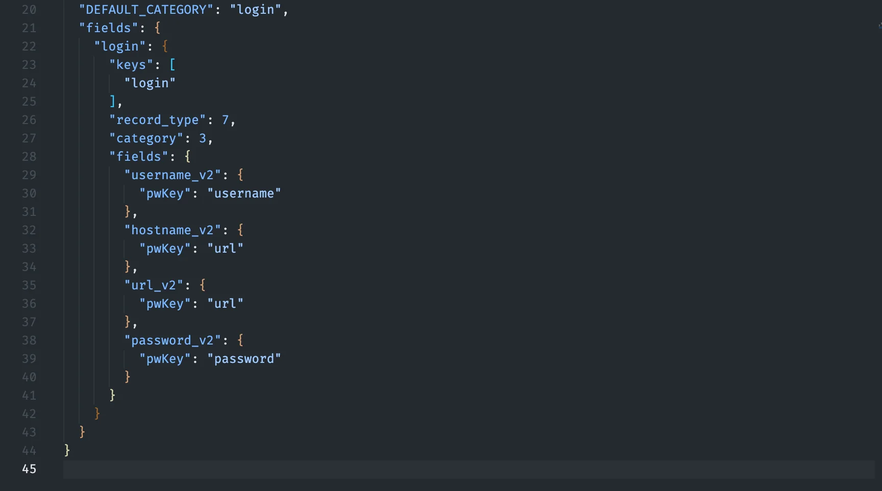 Find matching lines for columns and make changes. For example: Replace line 30 - "pwKey": "username_v2", line 33 - "pwKey": "url_v2", line 36 - "pwKey": "url_v2", line 39 - "pwKey": "password_v2".