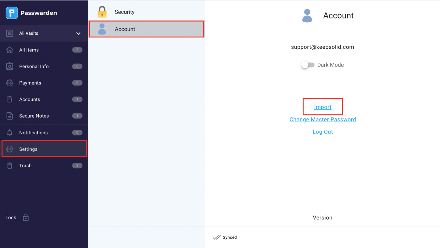 Choose Settings and Import