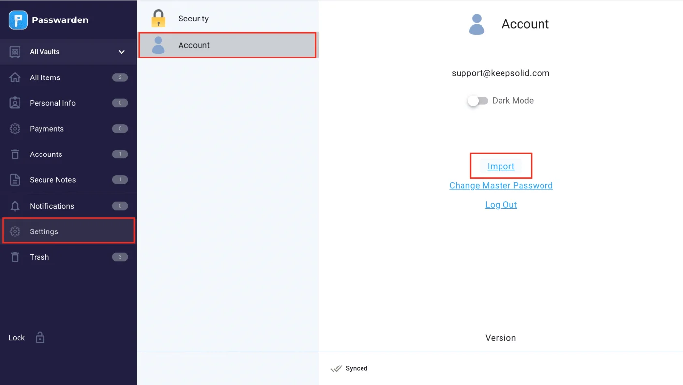 Choose Settings and Import