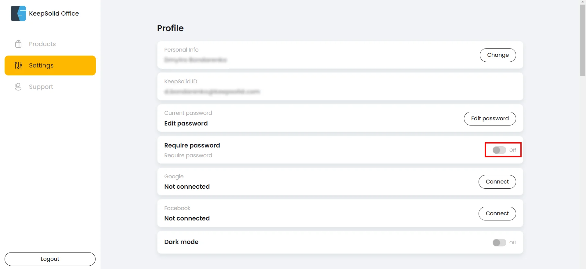 Require Password Toggle button